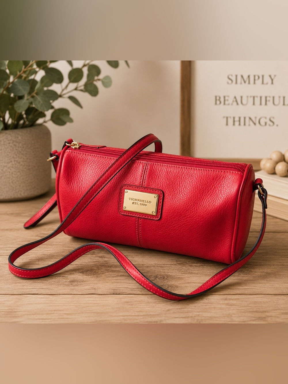 Tignanello Red Pebbled Leather Crossbody Shoulder Bag Gold Hardware